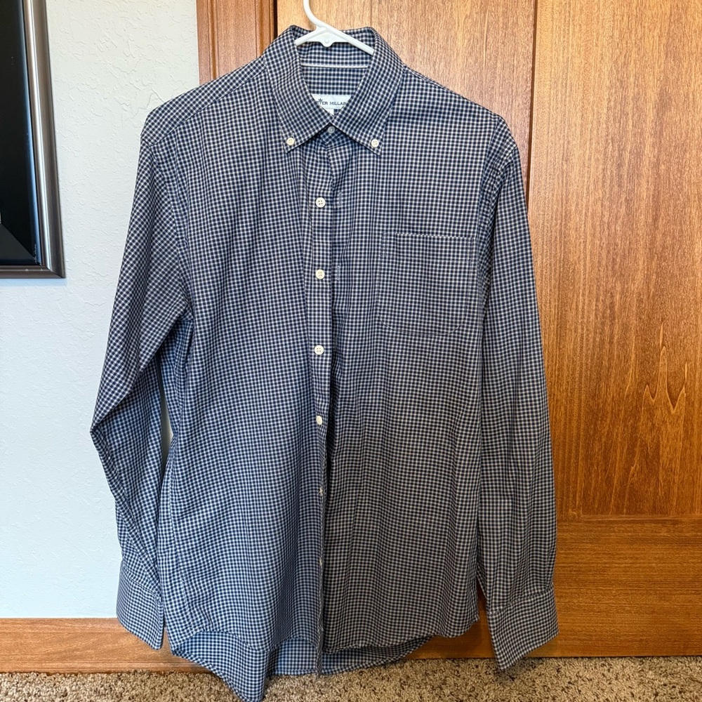 Peter Millar Men’s Dress Shirt, Navy & White Checkered, Medium